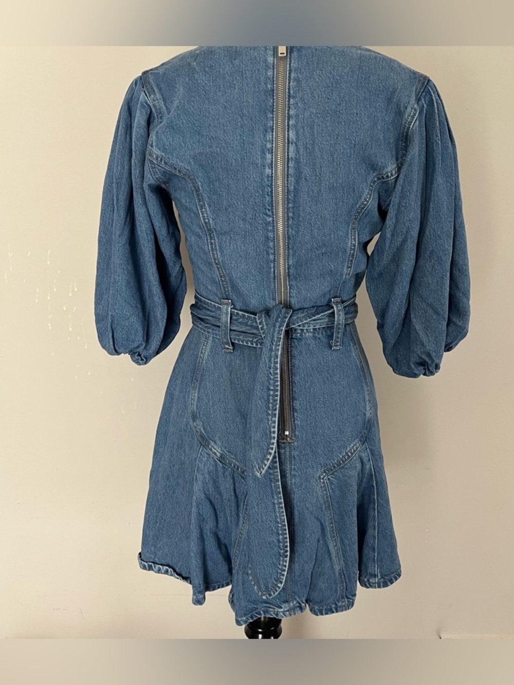 7 For All Mankind denim mini dress V-neckline voluminous puff lantern sleeve - Picture 4 of 11